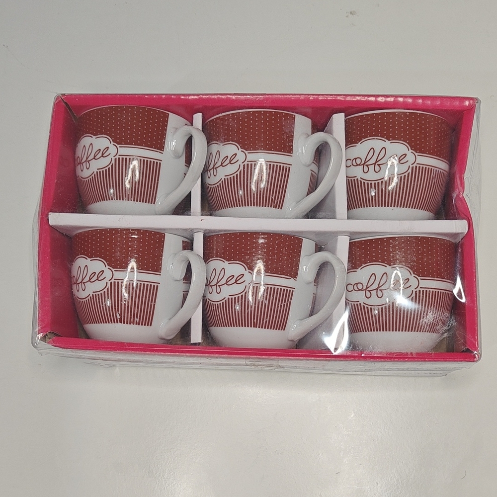 Set of 6 Red and White Coffee Mugs